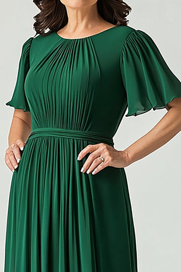 Elegant A Line Dark Green Ruched Mother Of Bride Dress With Flutter Sleeves